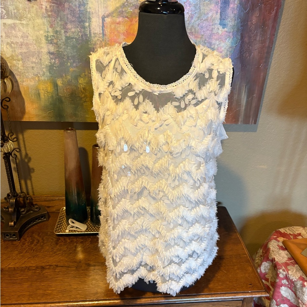 Blue Tassel Cream Asymmetrical Sleeveless Blouse with Cami